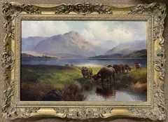 Highland Cattle Loch Venachar by Henry Robinson Hall, oil on canvas, sold Nov 2023