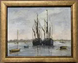 Tall mast ships and moored boats by Rowland Fisher, oil on board, sold Nov 2023