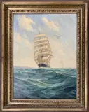 Tall mast ship on choppy seas by Charles Dunlop Tracy, oil on canvas, offered Nov 2023