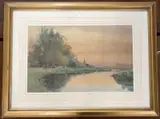 River and landscape at sunset with grazing cattle by Alice Fowler, watercolour, sold Nov 2023
