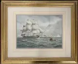 Fully rigged British vessel on choppy seas with a city beyond by Eric Tuffnell, watercolour, offered Nov 2023