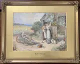 Countryside / farm scene with children picking flowers by Myles Birket Foster, watercolour, offered Nov 2023