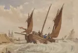 Fishing boats with Pakefield Church in the distance by Thomas Lound, watercolour and pencil, offered Nov 2023