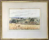 A landscape view with two pheasants in flight by Muriel Inwood, print (other), sold Nov 2023