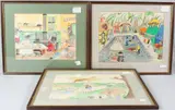 Comical creature characters Three pen and ink watercolours by L Collins, ink, sold Mar 2026