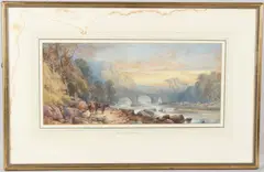 River landscape with bridge and hills beyond by James Burrell Smith, watercolour, offered Mar 2026