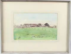 Landscape with cottages and barn by George Weissbort, 1959, watercolour, sold Mar 2026