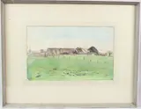 Landscape with cottages and barn by George Weissbort, 1959, watercolour, sold Mar 2026
