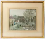 View of a village by Oswald Garside, watercolour, sold Mar 2026