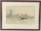 Sailing barge on the River Thames with the Houses of Parliament colour by Barry Pittar, print, offered Mar 2026