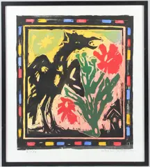 Griffin and flower woodcut print with hand colouring 67/75 by Michael Rothenstein, woodcut, sold Mar 2026