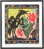 Griffin and flower woodcut print with hand colouring 67/75 by Michael Rothenstein, woodcut, sold Mar 2026