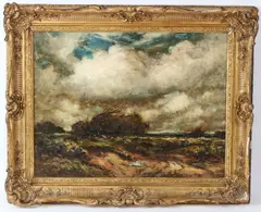 Landscape with track and figure in a cart by Thomas William Morley, oil on canvas, offered Feb 2026