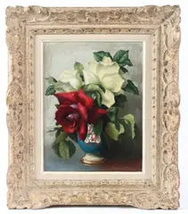 Roses in a vase by Irene Klestova, oil on board, sold Feb 2026