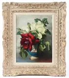 Roses in a vase by Irene Klestova, oil on board, sold Feb 2026