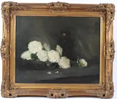 White Camelias by Maggie Hamilton, oil on canvas, sold Feb 2026