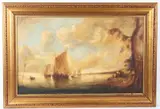 Sailing boats off a shore by Piotr Szymski, 1984, oil on canvas, sold Feb 2026