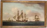 The Columbus in three positions off the coast with other by Attribured To Francis Holman, oil on canvas, sold Feb 2026