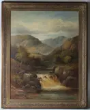 Welsh mountain landscape with waterfall by E Bennett, oil on canvas, sold Feb 2026