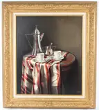 Table set for coffee by Sabrina Garselli, oil on canvas, sold Feb 2026