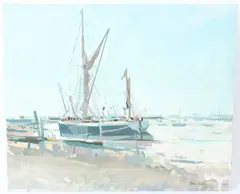 Yacht moored on a quayside by Tom Robb, oil, sold Feb 2026