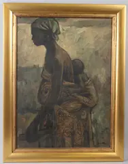 Mother and Child by Kolade Oshinowo, oil on board, sold Feb 2026
