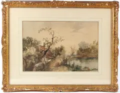 River landscape with watermill by James Baker Pyne, watercolour, sold Feb 2026
