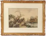 River landscape with watermill by James Baker Pyne, watercolour, sold Feb 2026