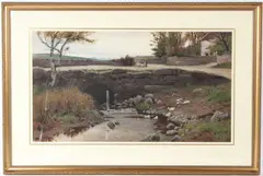 View of a bridge over a stream with figures and cottage by John McDougal, watercolour, offered Feb 2026