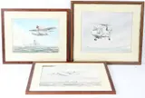 Military seaplanes and warships at sea Three watercolours by David Harbour, watercolor, offered Feb 2026