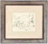 Caricature drawing of an artist and figures on a by Gristian Neissner, ink, offered Feb 2026