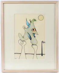 Figure and sun mixed media on paper by Desmond Morris, mixed media on paper, sold Jan 2026
