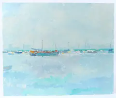 Moored boats by Tom Robb, oil on board, sold Jan 2026