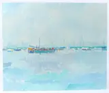 Moored boats by Tom Robb, oil on board, sold Jan 2026