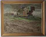 Threshing machine off a farm track by Kenneth Newton, oil on board, sold Jan 2026