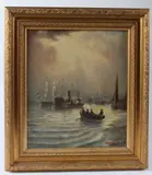 Boats in harbour oil on canvas signed 34 x 29cm by John Buchanan, oil on canvas, sold Jan 2026