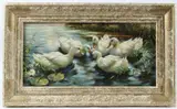 Family of ducks oil on panel Whitgift Gallery label signed 23 x 48cm by Gerhard Merfort, oil on panel, sold Jan 2026