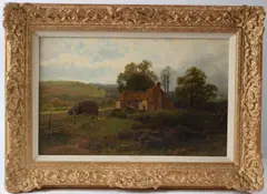 Landscape with cottage and hens by Leopold Rivers, oil on canvas, sold Jan 2026