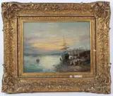 Coastal view with moored fishing boats and figures on the beach by C. West, oil on canvas, offered Jan 2026