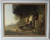 Fisherman repairing nets seated outside a cottage with a child in by Adolf van der Venne, oil on canvas, sold Jan 2026