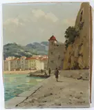 Harbour view with distant hills by Bernard Righetti, oil on canvas, sold Jan 2026