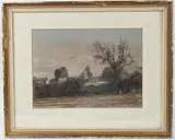 View of a church across fields by Robert Read, watercolor, offered Jan 2026