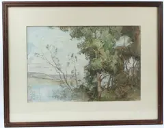 Woodland landscape with hills beyond by Robin Wallace, watercolour, sold Jan 2026