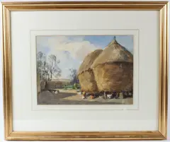 Farmyard with haystacks and chickens by John Atkinson, watercolour, offered Dec 2025