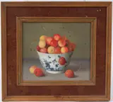 Cherries in a blue and white bowl by Gerald Norden, oil on board, sold Dec 2025