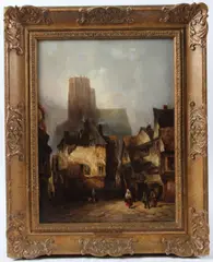 Continental street scene with church by Alfred Montague, 1873, oil on canvas, sold Dec 2025