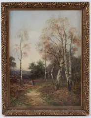 An outside sketch of birch trees at Thursley, Surrey by Carl Brennir, oil on board, sold Dec 2025