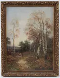 An outside sketch of birch trees at Thursley, Surrey by Carl Brennir, oil on board, sold Dec 2025