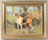 Foxhound in woodland oil on canvas signed 34 x 44cm by Sylvis Wolstenholme, oil on canvas, offered Dec 2025
