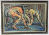Wrestling the Bull Man by Alan Barlow, oil on canvas, sold Dec 2025